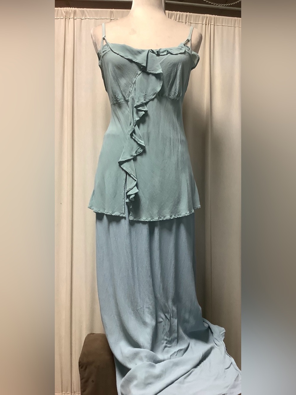 Ghost London Viscose Crepe Ruffled Cami jacket Maxi Skirt w Slits 3 Pc